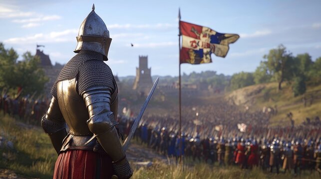 A knight clad in shining armor, with face concealed by a visored helmet, stands with back turned to the camera as he surveys the gathered crowd