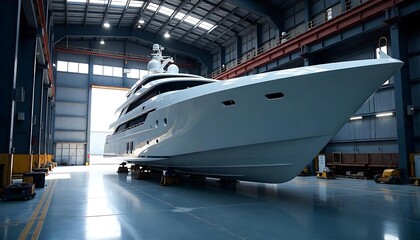 Modern luxury yacht under construction in shipyard. Bright lighting, clean floor show construction process. Naval architecture, industrial manufacturing process. Building, created with generative ai - obrazy, fototapety, plakaty