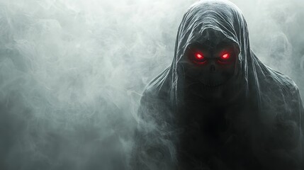 Mysterious hooded figure with glowing red eyes emerges from the mist