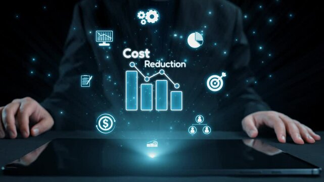 A businessman sits at a dark table, analyzing a digital tablet displaying vibrant icons and graphs that symbolize cost reduction and financial strategies in a modern office setting. Qubit