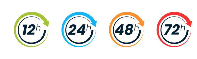 Set of 12, 24, 48 and 72 hour clocks with arrows on white background. Vector work time effect or delivery service time icon