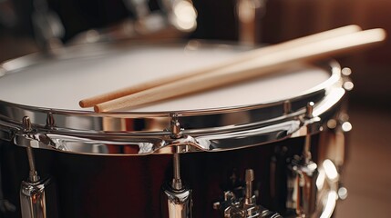 Close-up of snare drum with wooden drumsticks on top  