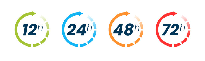 Set of 12, 24, 48 and 72 hour clocks with arrows on white background. Vector work time effect or delivery service time icon