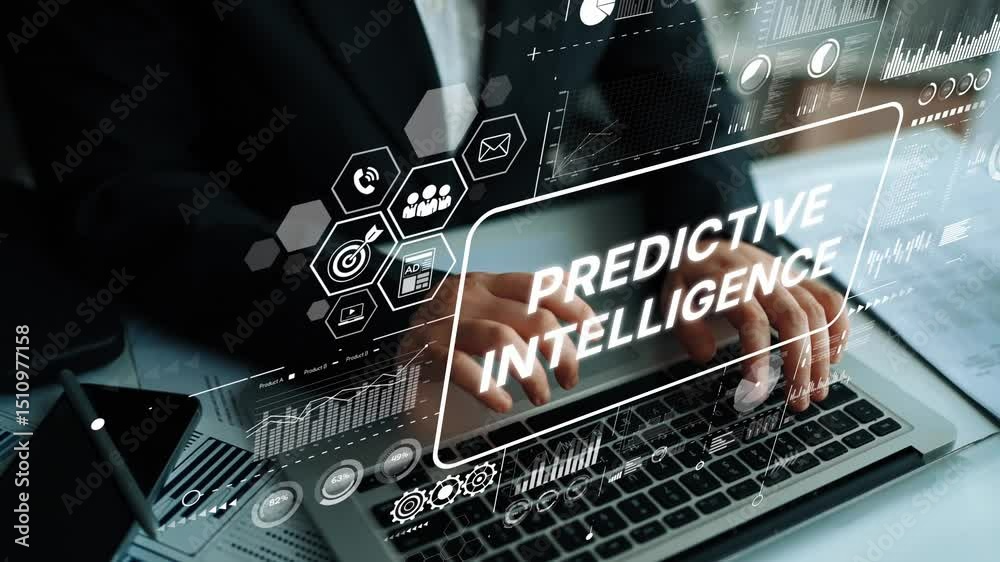 Poster hands typing on laptop with predictive intelligence graphics and data analysis elements concept for 