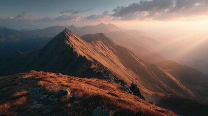 Naklejka premium The sun illuminates the distant mountain range through scattered clouds, casting light on a few individuals atop a nearby hill