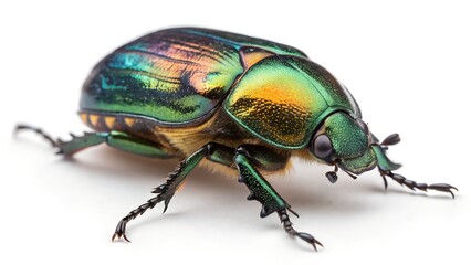Close-up of a beetle with iridescent armor, high gloss, isolated on a white background