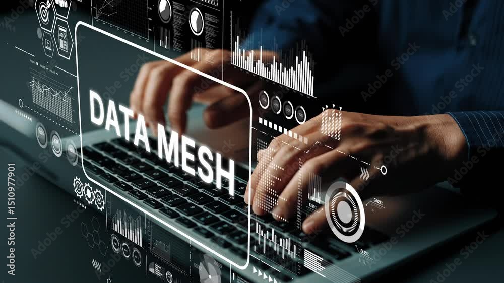Poster Hands Typing on Keyboard with Data Visualizations Representing Data Mesh Concept in Modern Technology Environment. Asymptotic smart data analytic.
