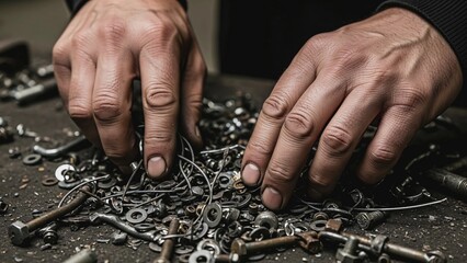 Close-up of mechanic's hands sifting through a messy pile of metal parts, screws, bolts, and nuts on a dirty workbench while searching for a specific component