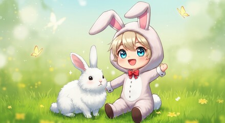 A happy child in a bunny outfit plays with a fluffy rabbit in a bright meadow