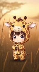 A child in a giraffe costume holds a mini giraffe toy amidst tall grass during sunset