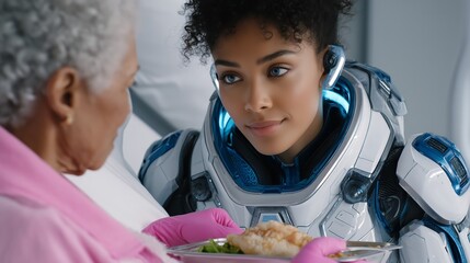 Futuristic humanoid nurse wearing advanced headset receiving hospital meal from attentive nurse, representing medical care in high tech space exploration recovery environment