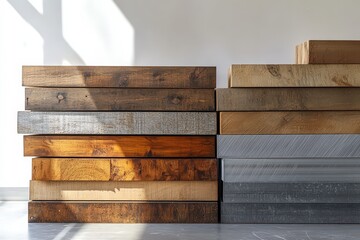  Stacks of various wood and metal planks in sunlight, materials used for carpentry, construction, or industrial interior design