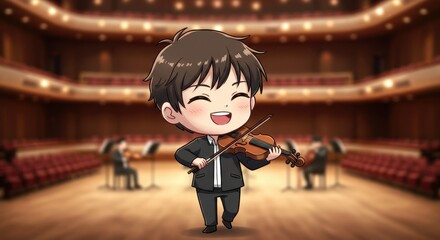 A cheerful young violinist plays music on stage while other musicians accompany in the background