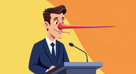 A cartoon character in a suit stands at a podium, giving a speech with a long nose
