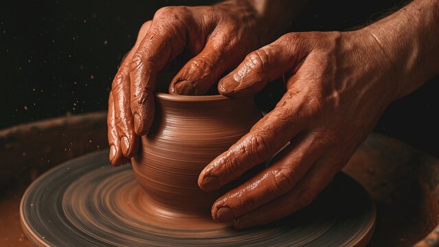 Potter shaping a clay pot on a spinning pottery wheel, hands covered in wet mud, demonstrating exceptional craftsmanship and artistic skill in the creative process