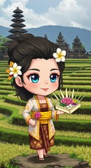 A young girl in cultural attire holds an offering in the lush rice terraces