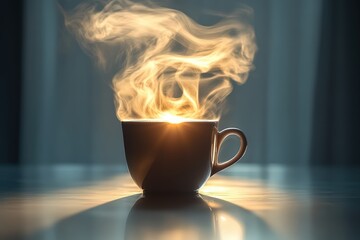  Hot coffee cup on table with steam glowing in sunlight captures warmth, comfort, peaceful mood, morning ritual, cozy vibes