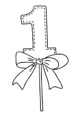 Number one with stitched outline and decorative bow on a stick in black and white. Birthday celebration and first milestone concept in cute hand drawn style