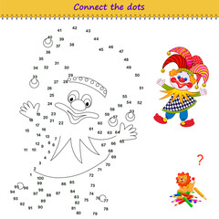 Connect the dots from 1 to 100 and draw the cute clown puppet. Trace the line between numbers. Coloring book. Develop counting skills. Logic puzzle game for children. Educational page. Vector image.