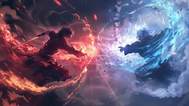 A dynamic battle scene between two figures, one surrounded by flames and the other by ice. The background features swirling clouds and vibrant colors, representing elemental forces.
