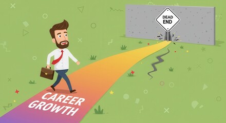 A man walks confidently with a briefcase towards a colorful pathway, encountering a dead end sign