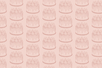 Hand-drawn heart-shaped cake pattern for weddings, Valentine's Day, or anniversaries. Dessert illustration with a whimsical doodle. Flirty cake. Sweet pastry with line art. Vector graphics.