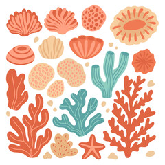 Bright cartoon collection of sea elements: coral reef plants, starfish, and shells. Perfect for marine concepts, kids designs, ocean nature visuals, and tropical underwater scenes
