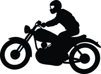 Fototapeta premium Silhouette Illustration of a Person Riding a Classic Motorcycle with Helmet and Protective Gear on a White Background