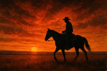 Lone Cowboy's Sunset Ride A Silhouette of a Cowboy on Horseback Riding Towards a Dramatic Fiery Sunset Creating a Vintage Western Digital Art Painting Aesthetic