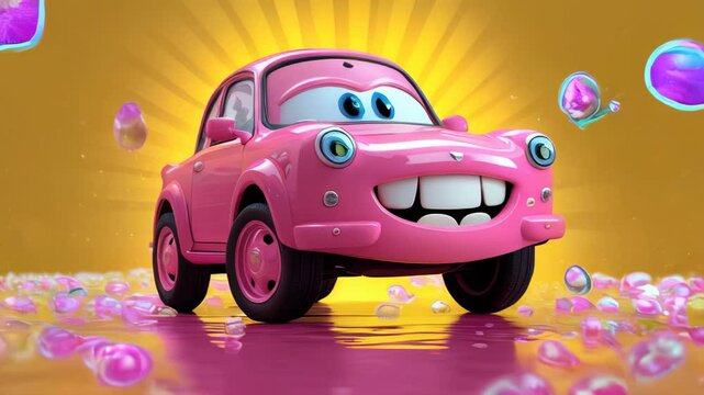 video of cheerful cartoon pink car with a wide smile is covered in soap suds and sponges, set against a vivid bright background, radiating a fun, lighthearted vibe and playful energy