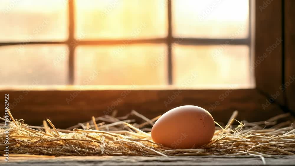 Poster warm sunlight streams through a window in a chicken coop, illuminating fresh brown eggs resting on a