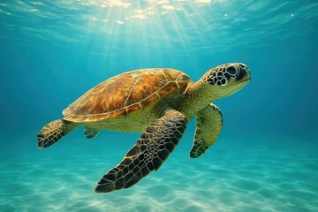 Fototapeta premium Majestic Sea Turtle Gliding Gracefully A Beautiful Sea Turtle Swimming Effortlessly Through Clear Blue Ocean Waters with Sunlight Filtering from Above A Serene Underwater Scene