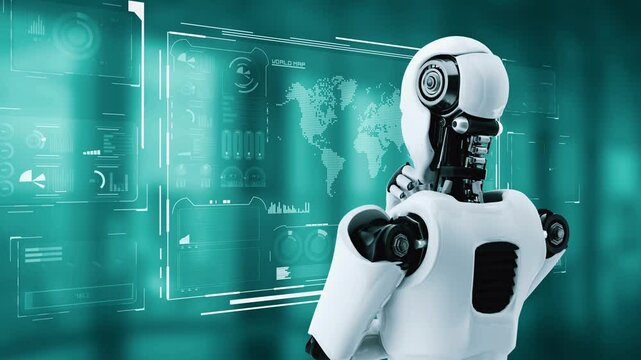 Thinking AI hominoid robot analyzing hologram screen showing concept big data analytic using artificial intelligence by machine learning process. 3D rendering.