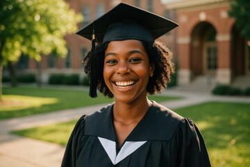 Proud Black Woman Graduate A Happy Young African American Woman in Graduation Cap and Gown Smiling Radiantly on Campus Celebrating Academic Achievement and a Bright Future