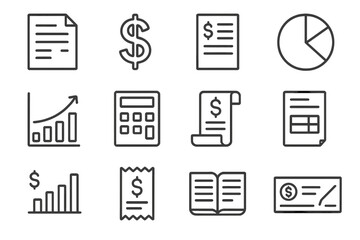 Financial icons set: documents, charts, dollar signs, calculator, receipts