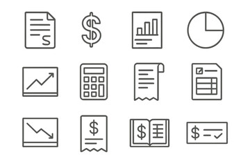Finance and accounting icons: charts, documents, and calculator symbols
