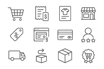 E-commerce icon set: shopping cart, payment, delivery, and store icons
