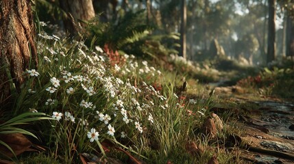 Obraz premium A forest brimming with numerous white blossoms, surrounded by a verdant landscape dotted with towering trees