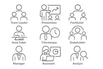 Fototapeta premium Line icons of various business roles and team members in corporate settings