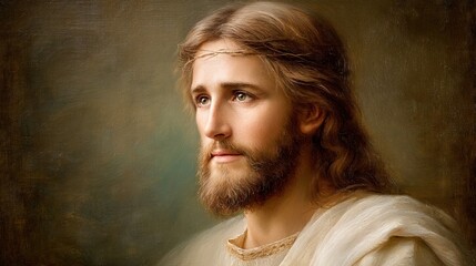 Portrait of Jesus Christ with beard and long hair, gaze directed upwards, expression of peace and mercy