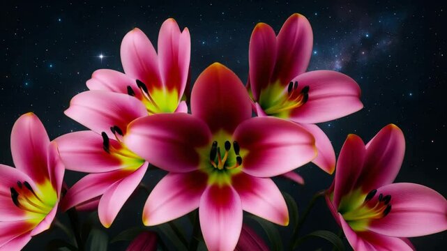 Boutons de lys ferm&eacute;s s&rsquo;ouvrant en magnifiques fleurs sur un fond cosmique abstrait &ndash; vid&eacute;o stock g&eacute;n&eacute;r&eacute;e par IA

