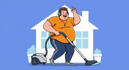 A cheerful person vacuums the living room while wearing headphones, enjoying music and cleaning