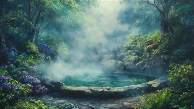 A large body of water with steam rising from it. The water is blue and surrounded by green plants