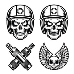 Set of Monochrome Biker Elements Featuring Skulls with Helmets Crossed Pistons and a Winged Skull for Badges or Prints