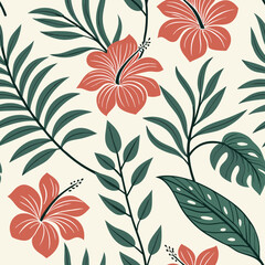 Tropical floral pattern with hibiscus flowers and green leaves  
