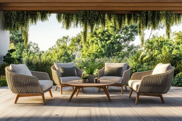 Obraz premium Stylish Outdoor Patio Table with Rattan Armchairs for Relaxing Garden Gatherings