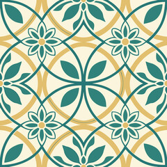 Decorative floral pattern with teal and gold on cream background  