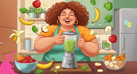 Woman with curly hair blissfully blends fruits and greens in a modern kitchen during daytime