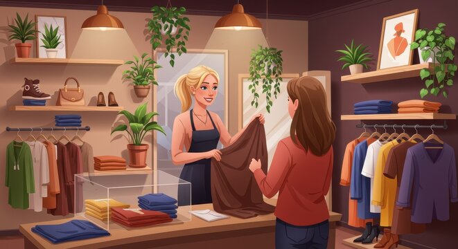 A friendly sales associate helps a shopper pick clothing in a boutique with vibrant textiles