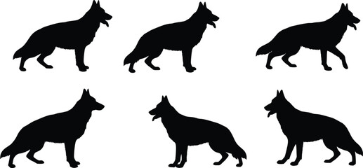 Six Alert German Shepherd Silhouettes: Black Canine Collection - Standing & Walking Poses, Pet Graphics AI Generative
